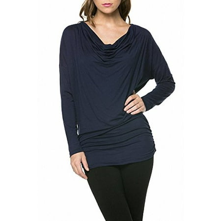 Hot Coral Apparel - Sassy Apparel Women's Trendy Long Sleeve Draped Cowl Neck Fashion Top (Medium, Black)