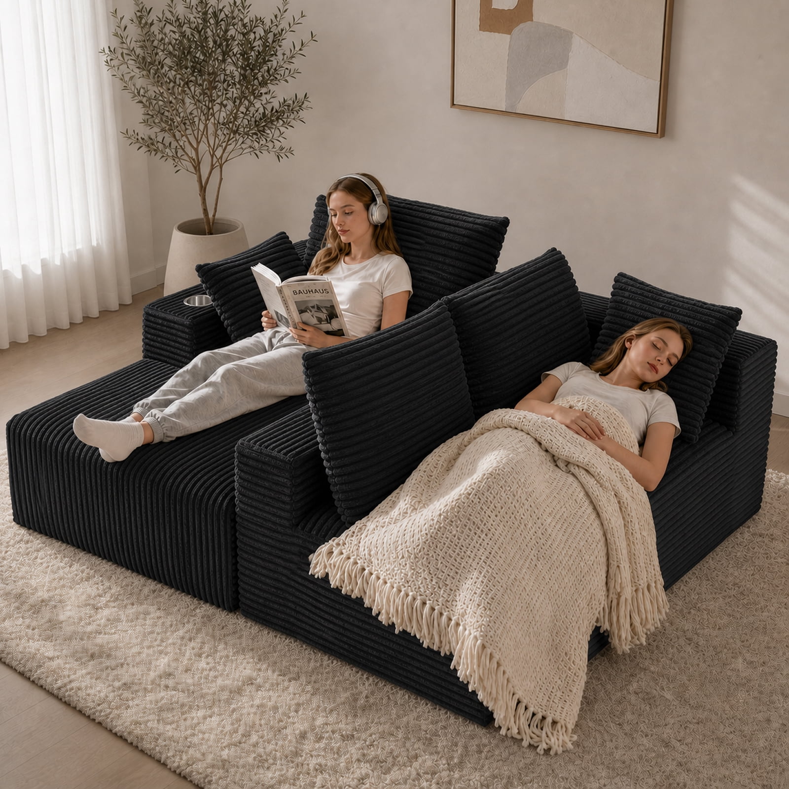 95'' Boneless L Shape Modular Sofa Couch with 4 Pillows and 2 Cup Holders