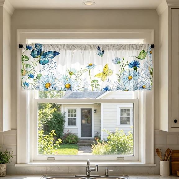 Wildflower Butterfly Vertical Watercolor Kitchen Curtain,Short Panel Window Valance for Sink,Breakfast Nook,Home Decor