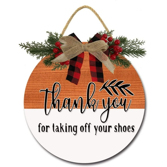 Eveokoki 12" Take Off Your Shoes Door Sign Holiday Welcome Wood Plaque with Buffalo Check Plaid Bow 1lease Remove Your Shoes Sign for All Seasons Farmhouse Home Front Porch Door Decoration