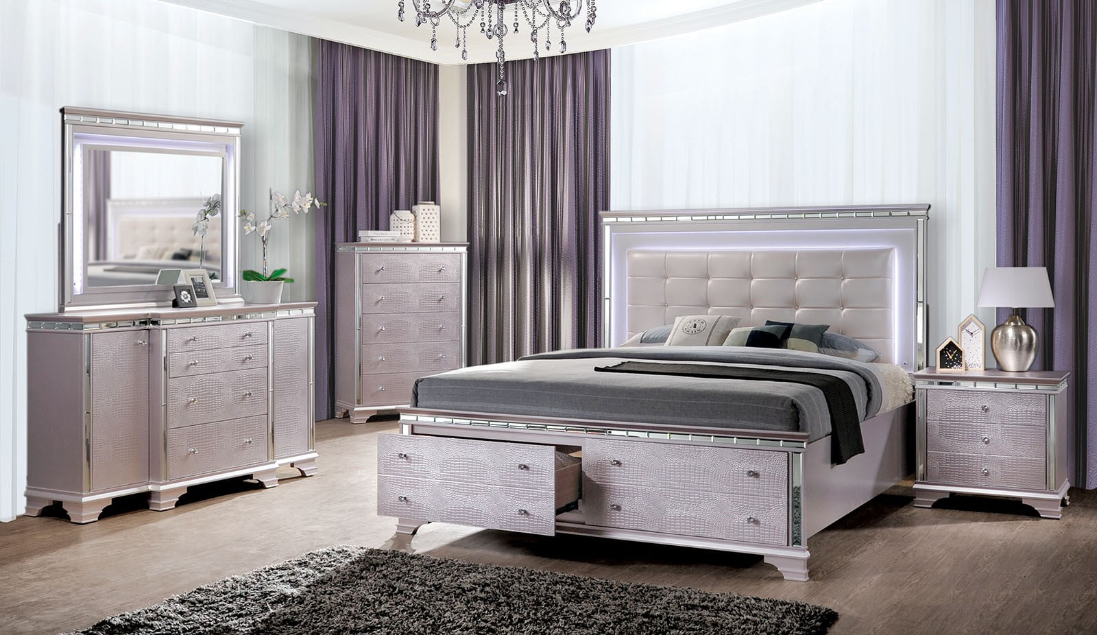 Contemporary Palace Rose Finish Leatherette Headboard Storage Fb Led Lght Queen Size Bed Dresser Mirror Nightstand 4pc Set Crocodile Texture Walmart Com Walmart Com