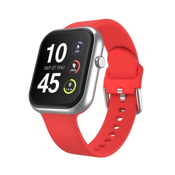 iTech Fusion 4 Unisex Adult Rectangular Smart Watch, Silver, Red Silicone Strap