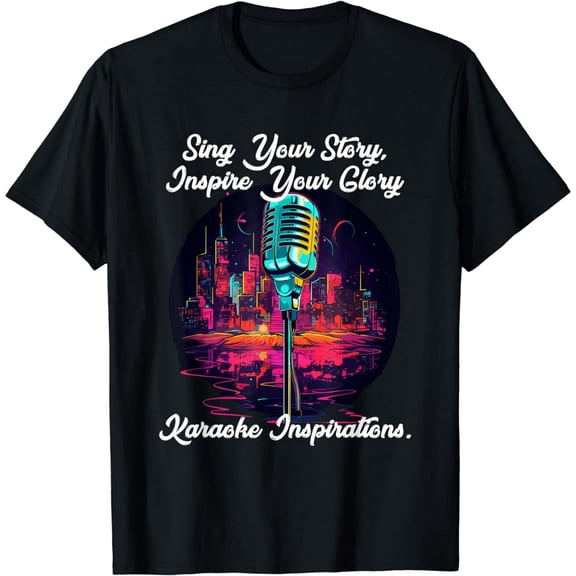 Colorful Retro Microphone Cityscape for Karaoke Lovers Short Sleeve Graphic T-Shirt