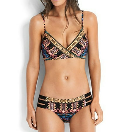 Women Swimsuits Bohemia Print Push-Up Padded Bra Backless Beach Bikini Set Black Bathing Suit for Women S