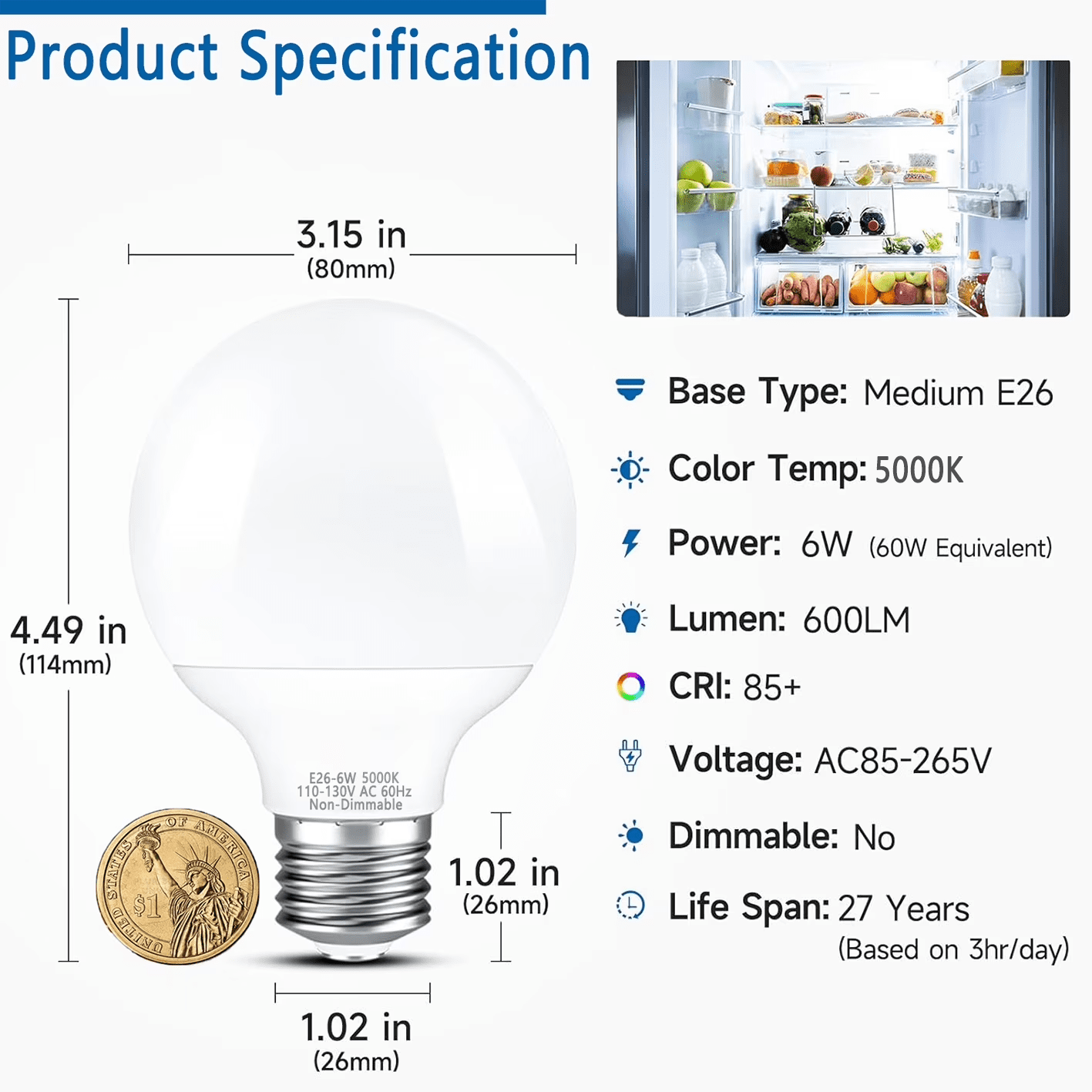 8-Pack Vanity Light Bulbs, Daylight White 5000K, 60W Equivalent, 600LM, G25 LED Globe Light Bulbs with E26 Base for Bathroom Mirror, Non-dimmable