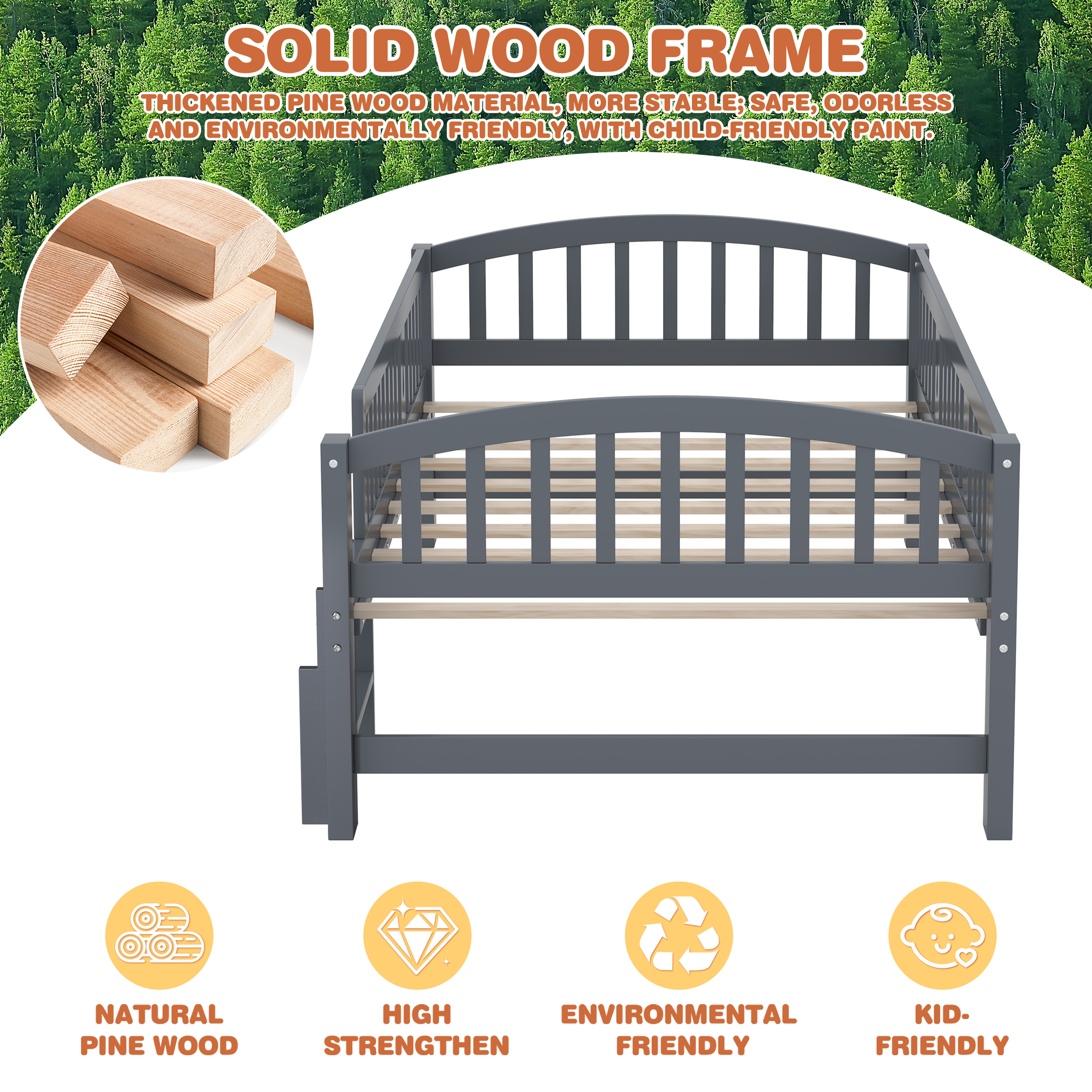 PAPROOS Wood Twin Platform Bed Frame, Twin Size Bed Frame with Fence Guardrail Ladder, No Box Spring Needed, Grey