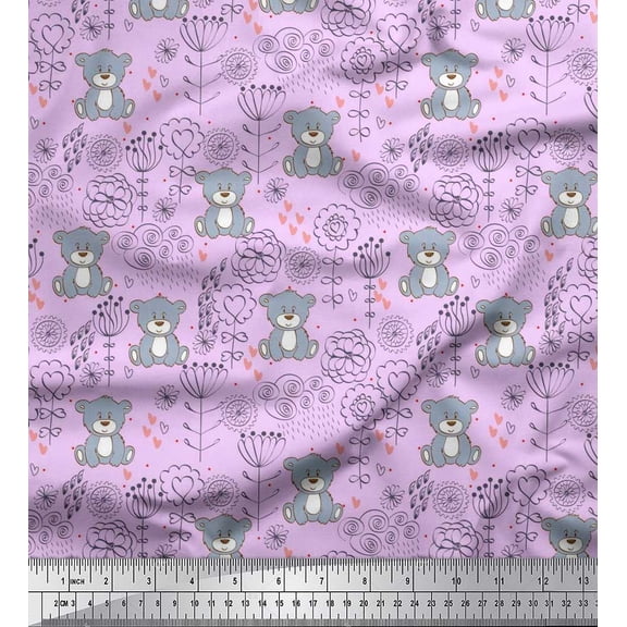 Soimoi Poly Georgette Fabric Floral,Heart & Bear Kids Printed Craft Fabric by The Yard 52 Inch Wide
