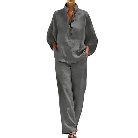 Ecqkame Two Piece Sets for Women Summer Casual Linen 3/4 Sleeve Top and Wide Leg Pants Lightweight Vacation Solid Color Outfit Set Gray M