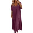 thumbnail image 2 of Plus Size Dresses, Fashion Women's Casual Short Sleeve Solid V-Neck Ladies Dress Long Dress(Wine,XL), 2 of 7