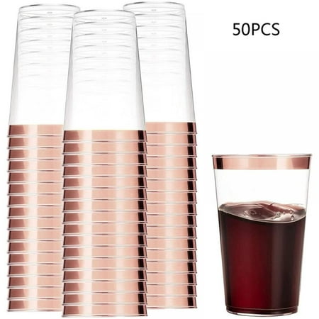 

50PCS Rose Gold Plastic Cups 16 Oz Clear Plastic Cups Tumblers Rose Gold Rimmed Cups Fancy Disposable Wedding Cups Elegant Party Cups with Rose Gold Rim