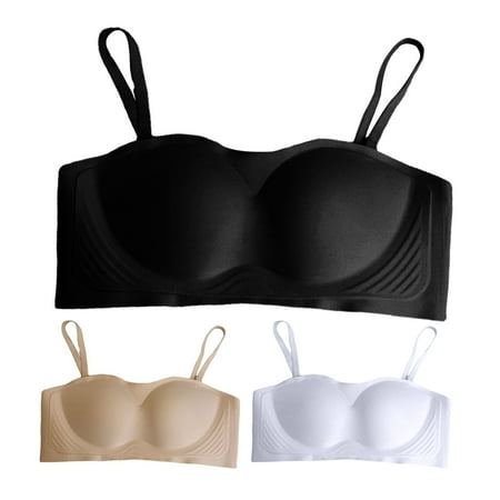 

harmtty Women Bra Gathered Non-slip Elastic Seamless Solid Color Support Breast Strapless Wire Free Invisible Brassiere for Club Skin Color