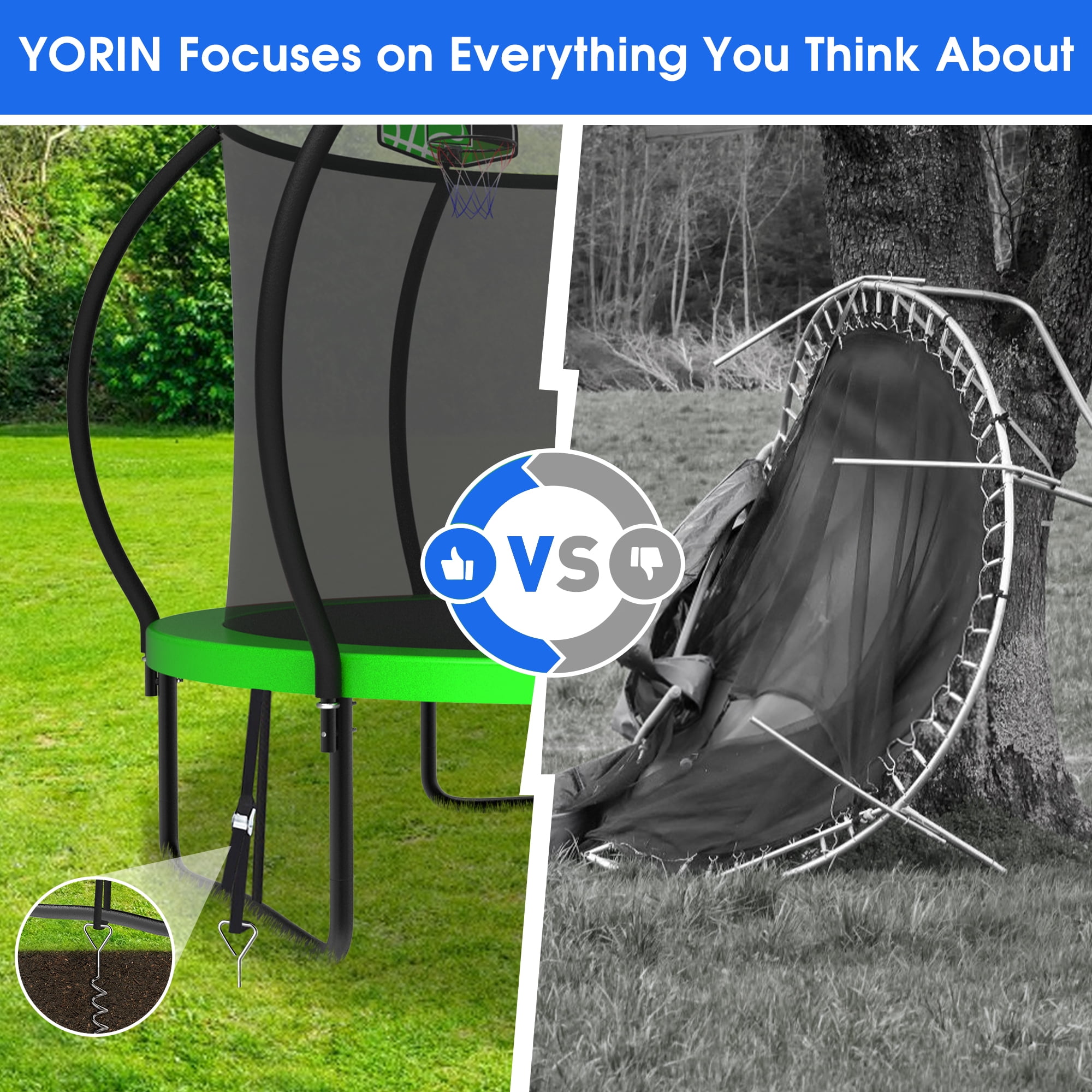 YORIN Trampoline for 2-3 Kids, 8FT Trampoline for Adults with Enclosure Net, Basketball Hoop, Ladder, 800LBS Weight Capacity Outdoor Recreational Trampoline, Heavy Duty Trampoline