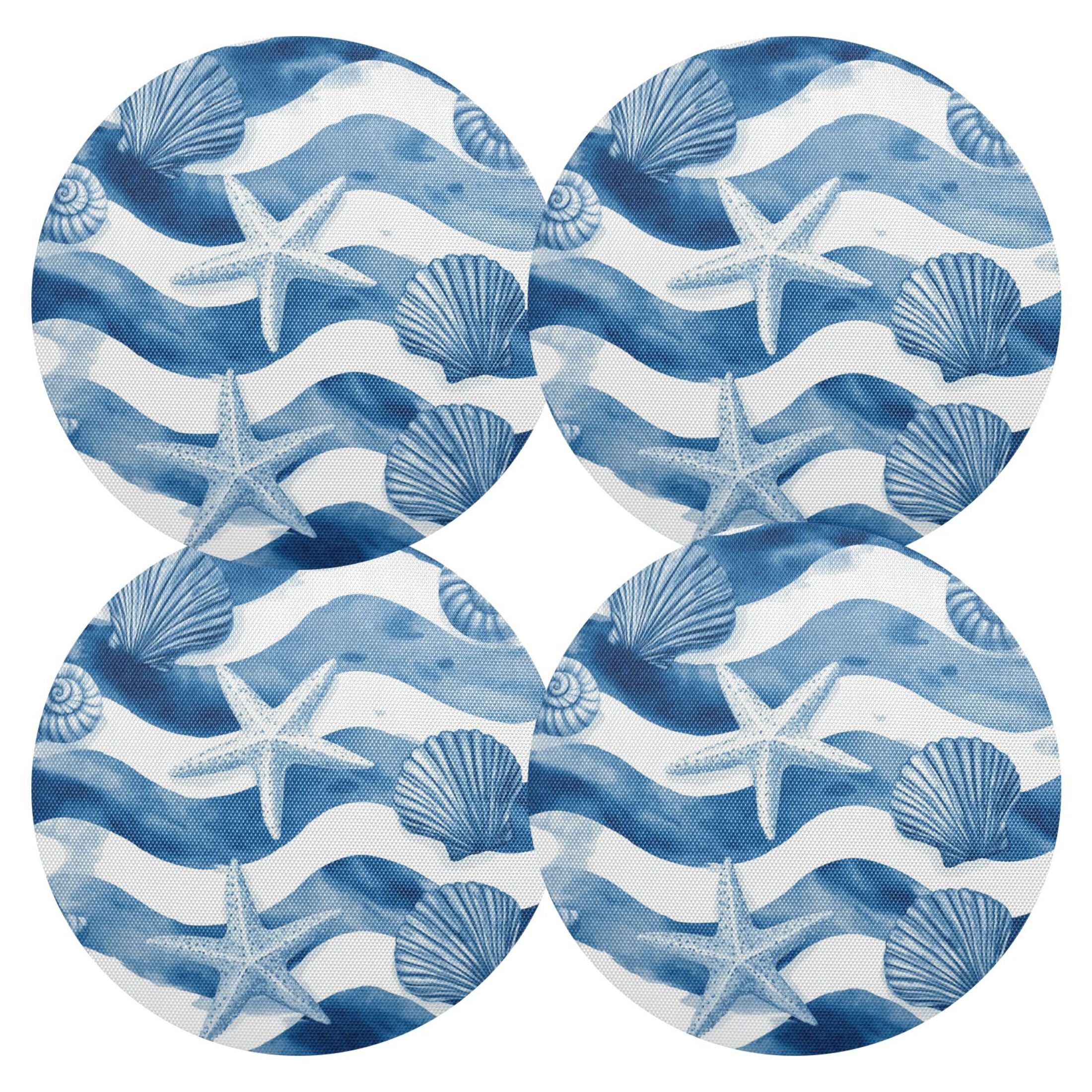 15.4 Inch Round Woven Placemats set of 6 for Dining Table Washable Heat Resistant Table Mats Non-Slip Washable Table Pad for Home Kitchen Decor Blue Watercolor Nautical Seamless Tile