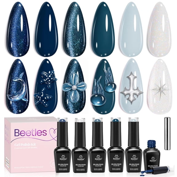 Beetles Dark Blue Gel Nail Polish Set, Navy Blue Cat Eye Gel Polish