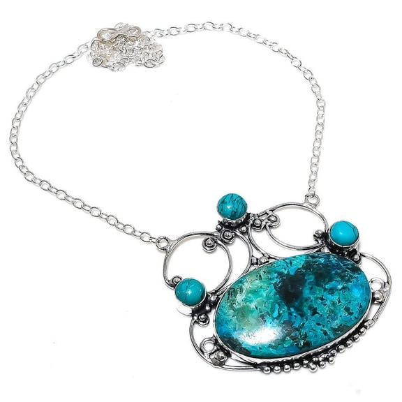 Natural Chrysocolla, Turquoise Gemstone 925 Sterling Silver Necklace 18"