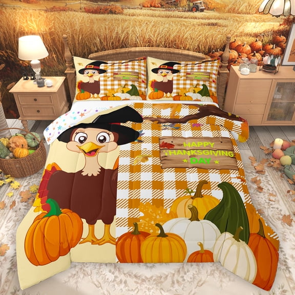 Homewish Happy Thanksgiving Day Bedding Comforter Set,Autumn Fall Pumpkin Twin Comforter Sets,Cute Cartoon Turkey Bedding Set For Girls Boys,Microfiber Bedroom Decor Reversible,2 Pieces