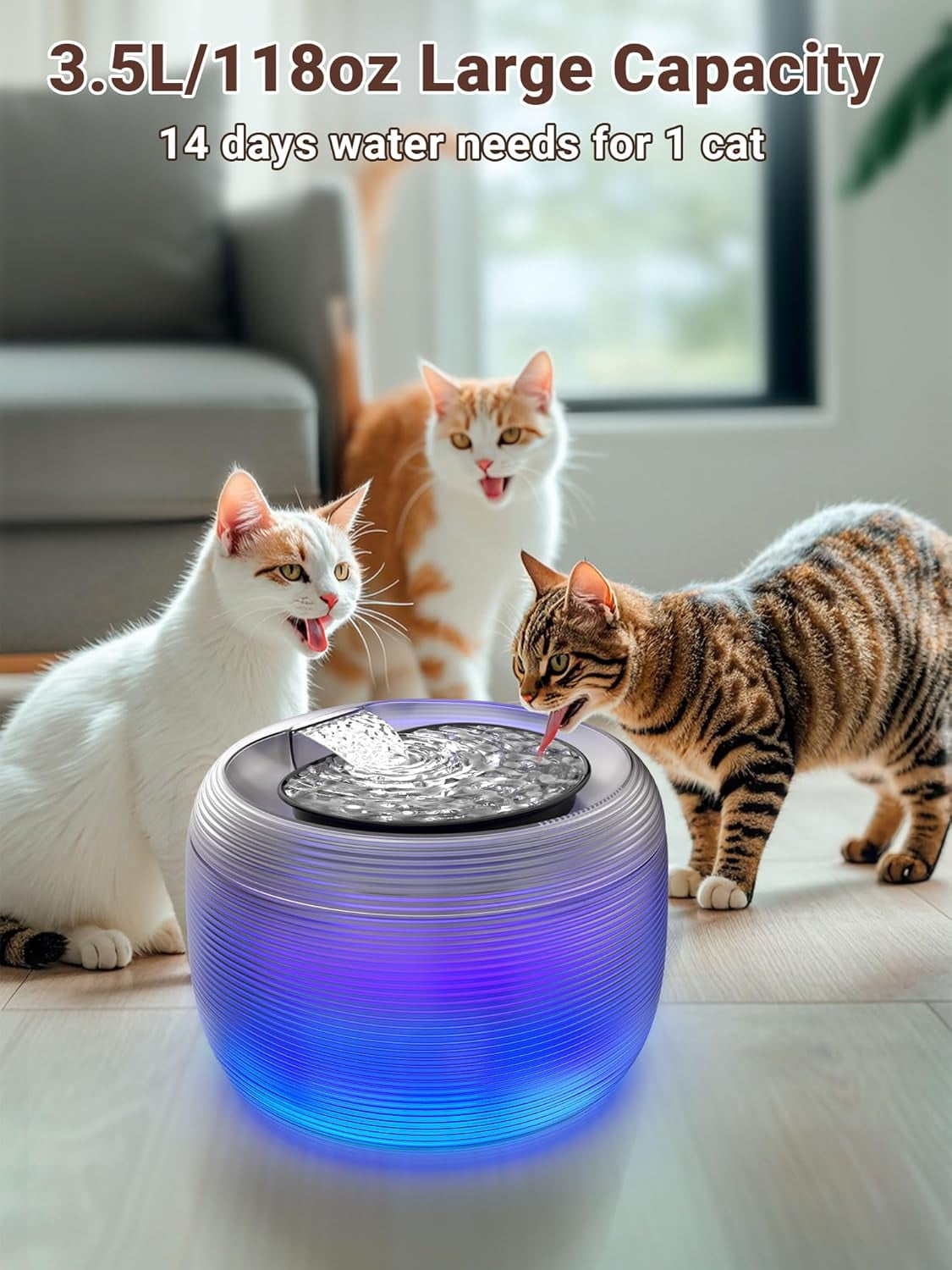 Quiet Cat Water Fountain, 3.5L/118oz Large Capacity Pet Water Fountain for Cats Indoor with Water Level LED Light, Easy Cleaning Cat Fountains for Drinking Automatic Dog Water Fountain