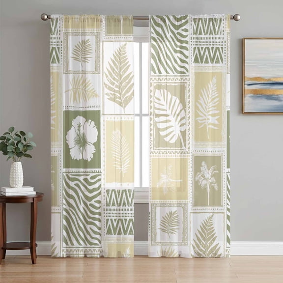 Cream Palm Leaves Sheer Curtains 84 Inch Length 2 Panels Set, Summer Tropical Floral Plants Sage Green Voile Window Treatment Curtains Sheers Drapes for Bedroom/Living Room/Kitchen 52"x84"x2