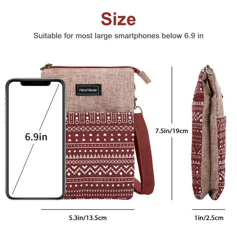 TSV Small Canvas Cell Phone Purse Wallet, Leaf Pattern Roomy Casual Crossbody Bag for Women Girls, Mini Lightweight Shoulder Bag with Adjustable