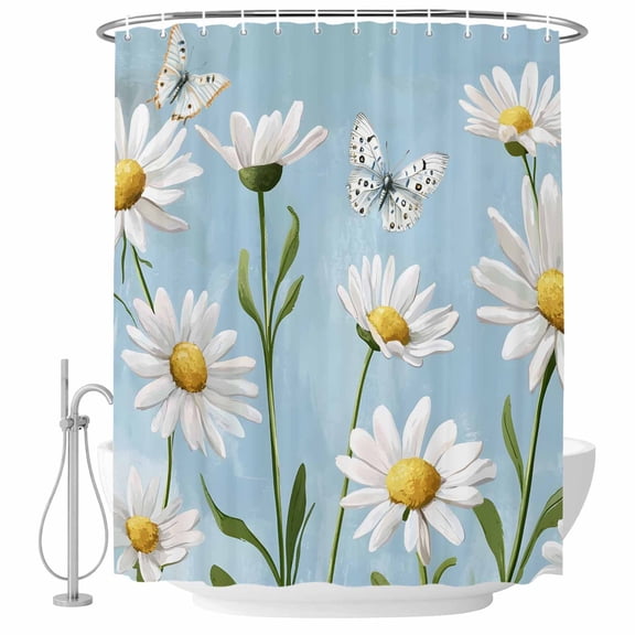 Blue Daisy Flower Shower Curtain Set - Small 36" x 72" Washable Bathtub Curtain with 12 Hooks, White Farmhouse Floral Spring Waterproof Fabric Stall Shower Curtains for Bathroom/Bathtub Décor