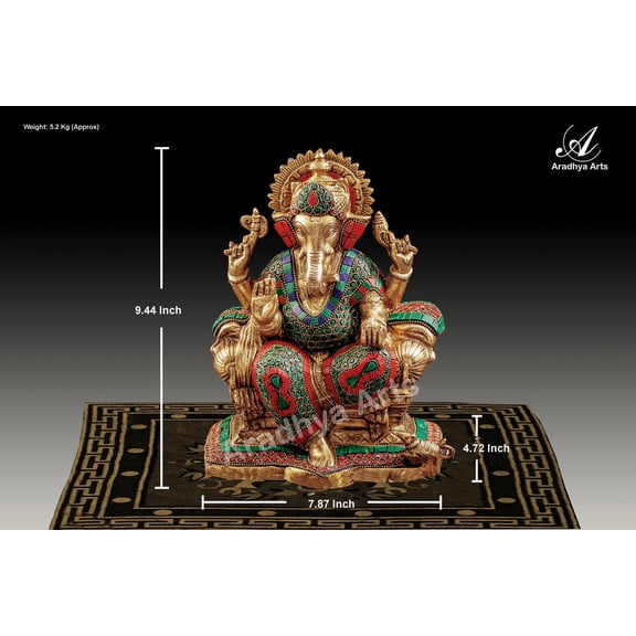 Aradhya Arts Brass Raja Ganesha, 24 CM/ 9.44 Inch Lord Raja Ganesh for with Stone inlay for Home Décor, Temple, Offices and all occasion gifting.
