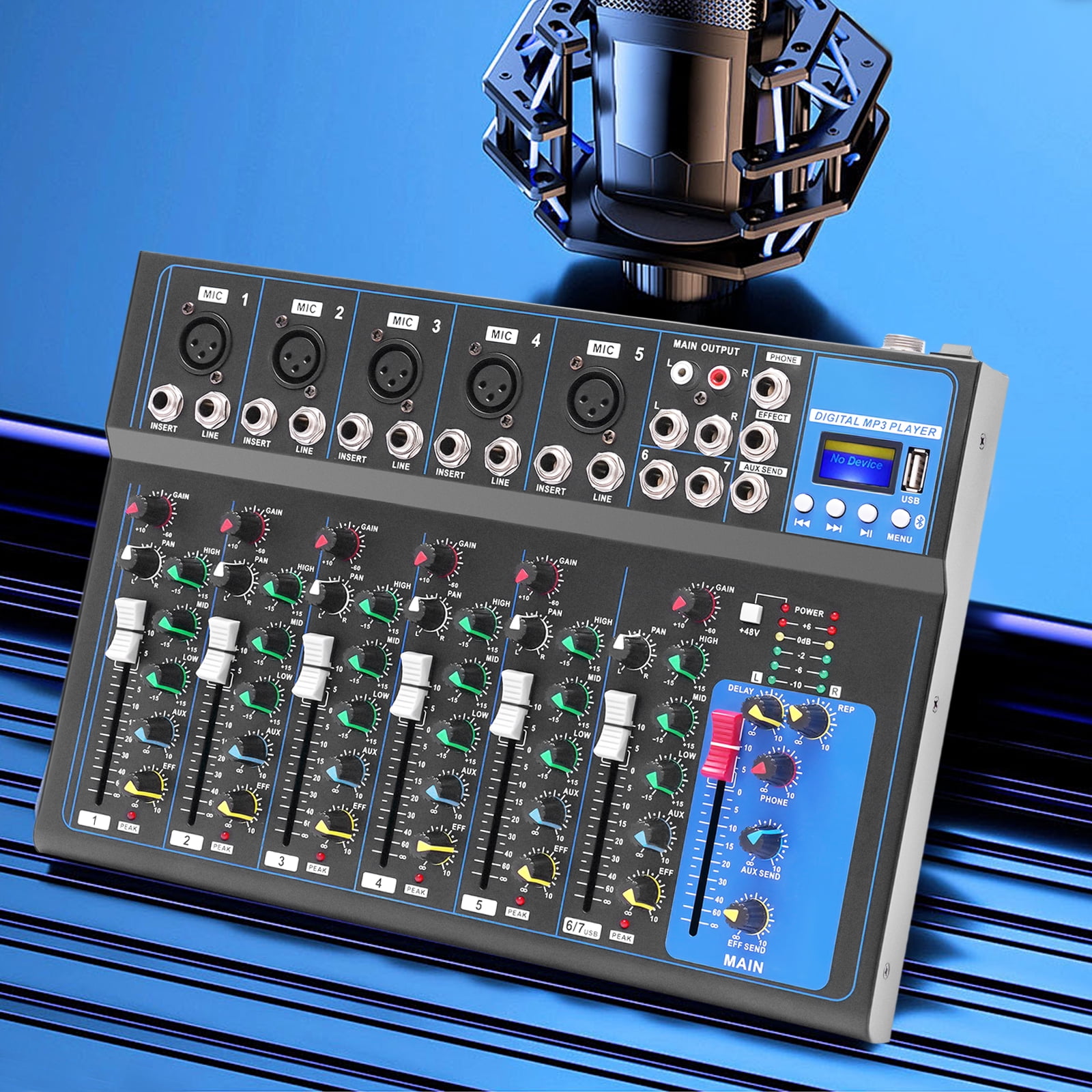 7 Channel Audio Mixer, Bluetooth Portable Audio Mixer w/USB DJ Sound Mixing Console MP3 Jack 48V Power for Computer Recording, Sounds Mixer Board For Studio Recording