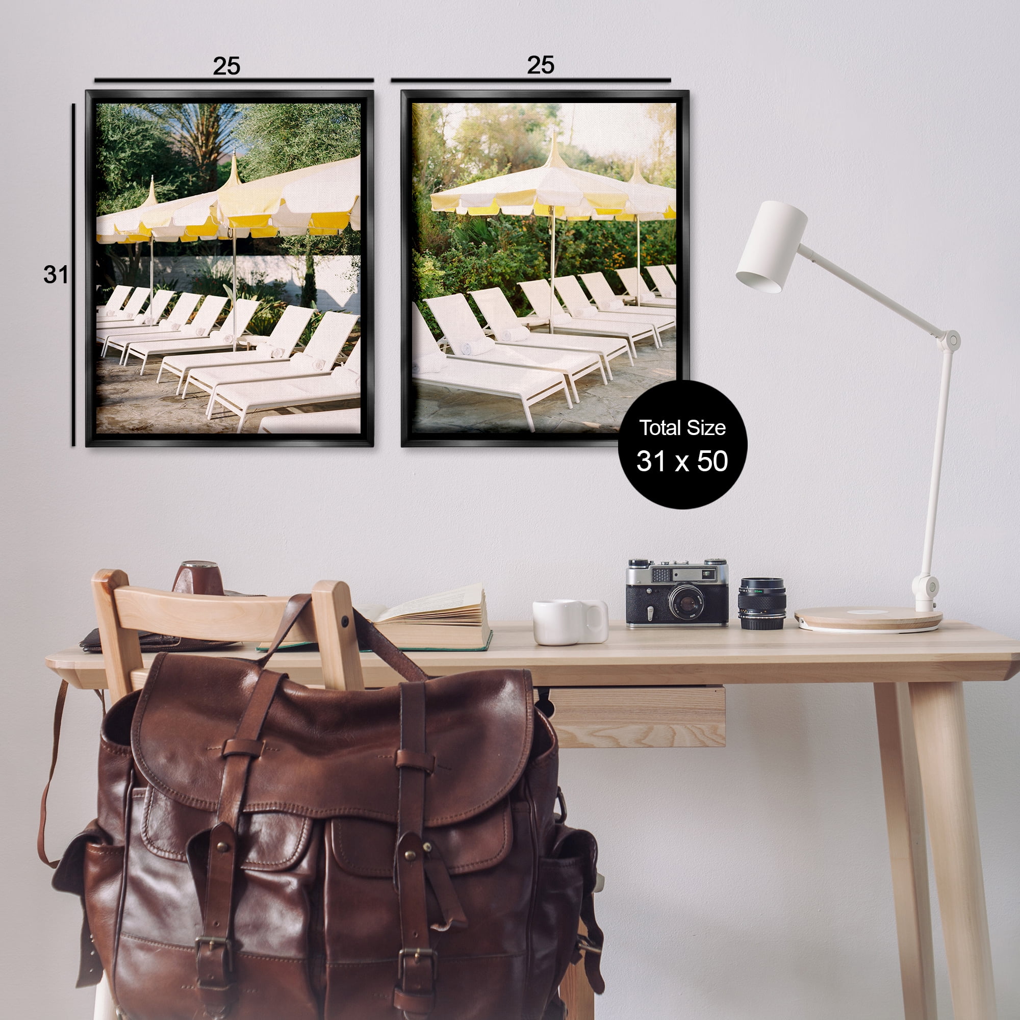 Stupell Industries Chaise Lounges with Umbrellas Nautical & Beach Photography Black Floater Framed Canvas Art Print Wall Art, 31 x 25, Set of 2