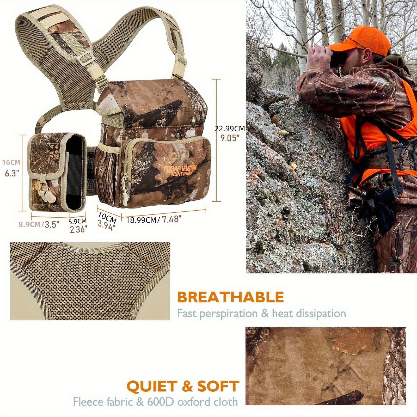CamoRanger Ripstop Binocular Harness Chest Pack - Hunting Bino Case, Detachable Rangefinder Pouch, Adjustable Binos Harness, Rain Cove