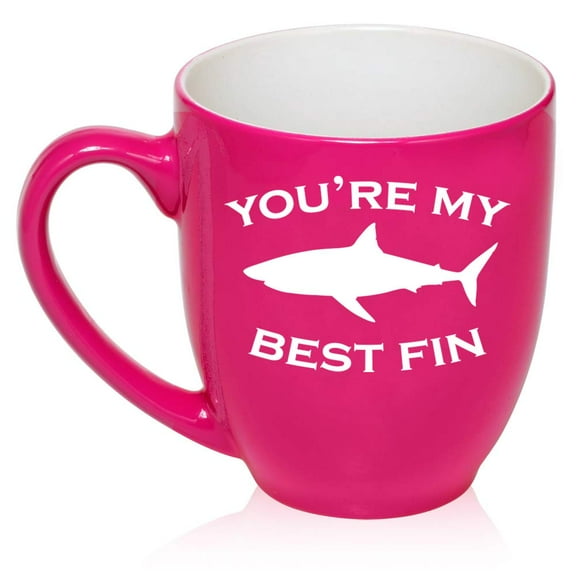 16 oz Large Bistro Mug Ceramic Coffee Tea Glass Cup You're My Best Fin Friend Shark (Hot-Pink)
