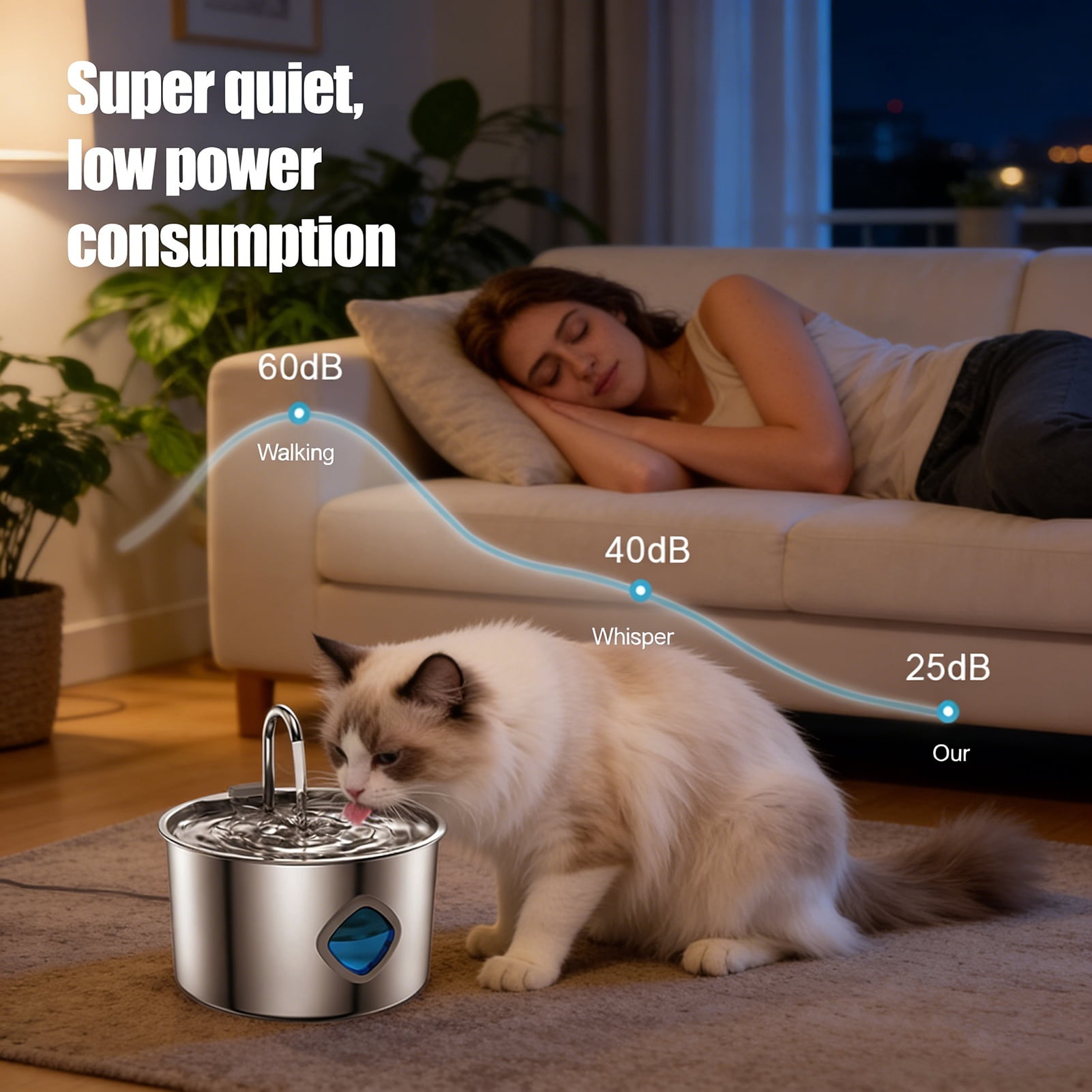 YIFAEUX 3.2L Pet Water Fountain Stainless Steel Cat Water Fountain with Water Level Window Quadruple Filtration Silent Fountain for Dogs And Cats Healthy Drinking