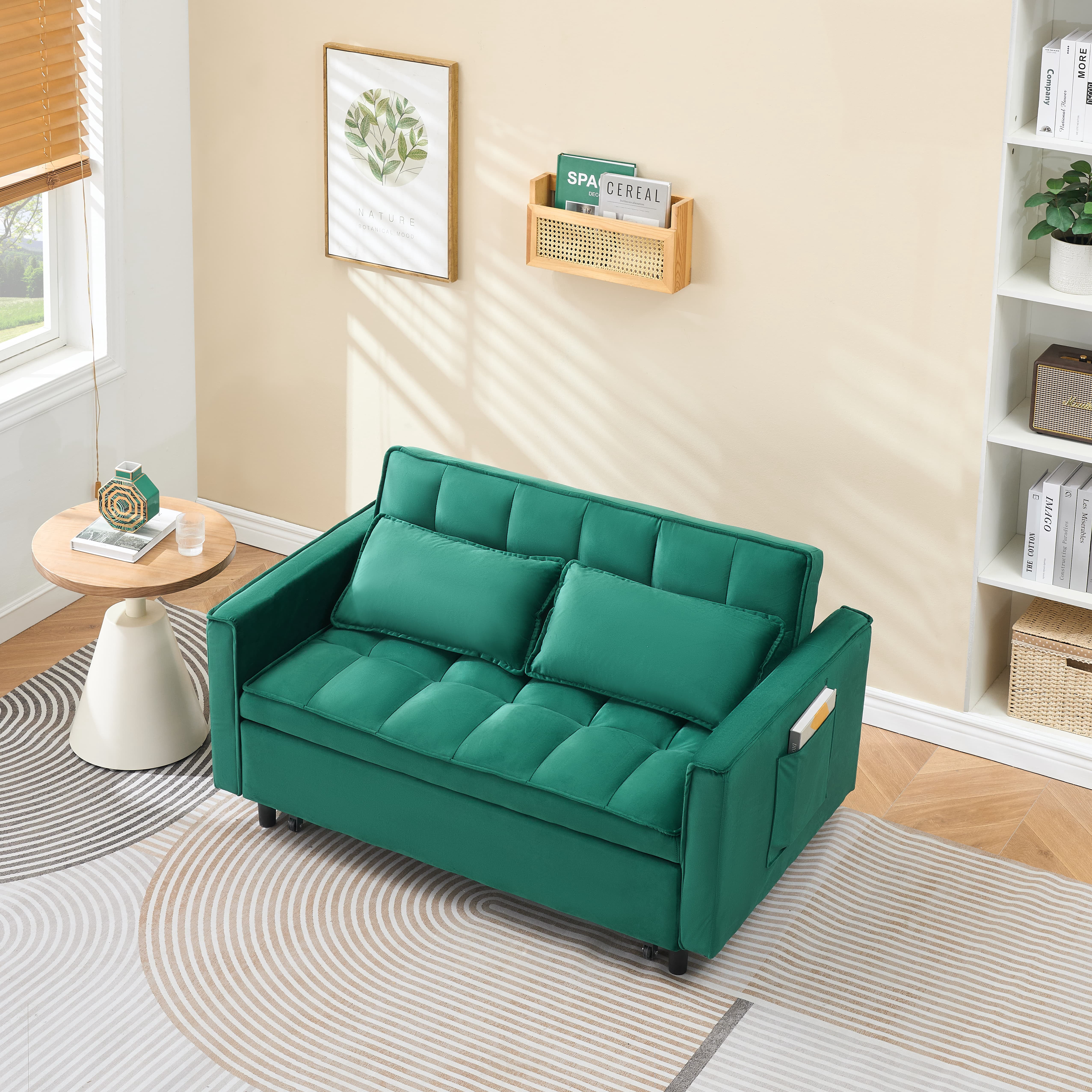 MAYEERTY 3 In 1 Convertible Sleep Sofa Bed, Pull Out Velvet Sleeper Sofa Small Loveseat, for Apartment, Living Room, Small Space, Green