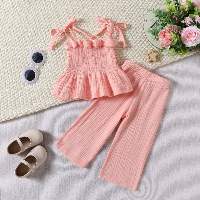 Robe à Manches Courtes, Mode Filles Couleur Unie Décontractée Camisole à Manches Courtes Pantalons Droits Ensembles