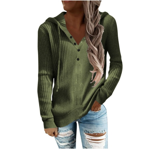 QLEICOM Women's Striped Casual Hooded Sweater Open Collar Sweater Long Sleeve Lapel Blouses Shirts Tops Army Green S, US Size 4