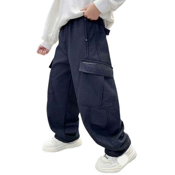 LILIYA Boys Cargo Pants Straight Leg Casual Trousers For Big Kids Loose Fit Comfortable Long Wide Style