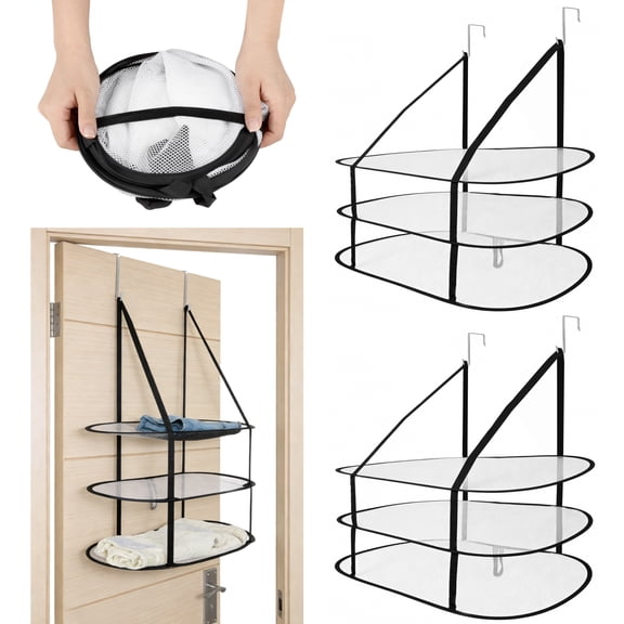 2 Pcs Over the Door Mesh Drying Rack Set, 3 Tier Lay Flat Sweater Drying Rack, Black Foldable Lay Flat Laundry Hanging Mesh Dryer with Door Hooks for Apartments, Dorms, Bathrooms