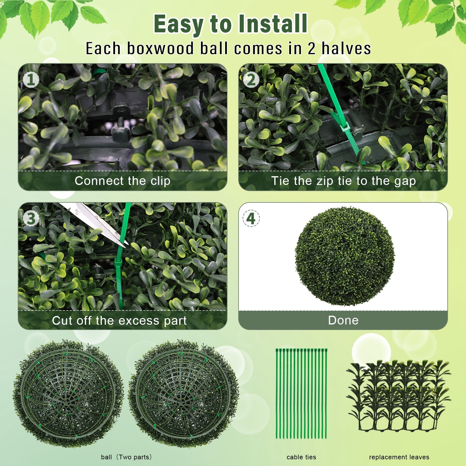 Artificial Topiary Balls, Faux Boxwood Large Green Decorative Spheres for Garden Front Porch Outdoor Decor, Green
