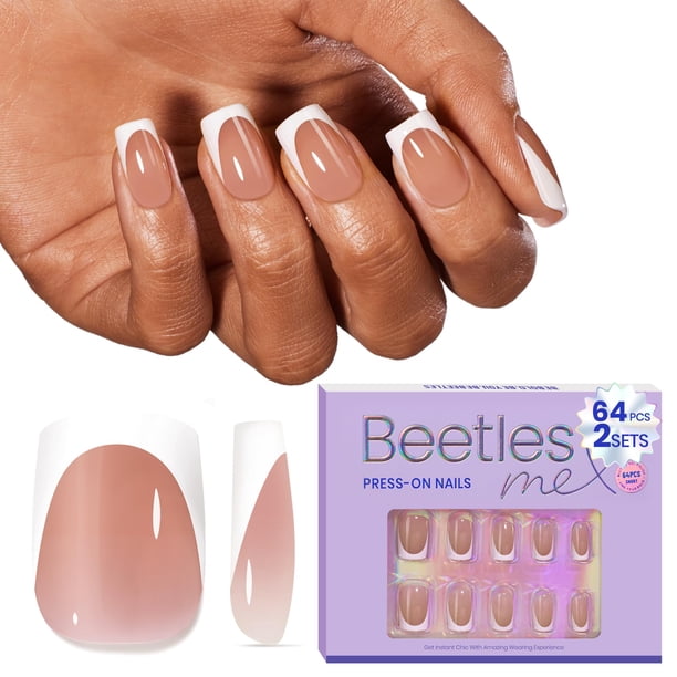 Press On Nails Beetles, forma corta, cuadrada, punta francesa, color marrón, 64 unidades
