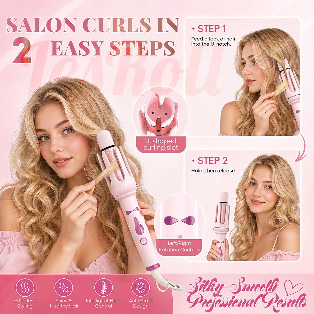 3-in-1 Curling Iron Set, Pink Blowout Waves, 1” & 1.25” Barrels with Straightener Brush for Everyday Curls & Loose Waves