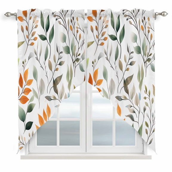Swag Valance Curtains for Windows, Green Orange Eucalyptus Light Filtering Kitchen Curtains with Rod Pocket, Summer Watercolor Botanical Leaf Window Treatment Valances for Living Room, 36x45 - 2 PCS