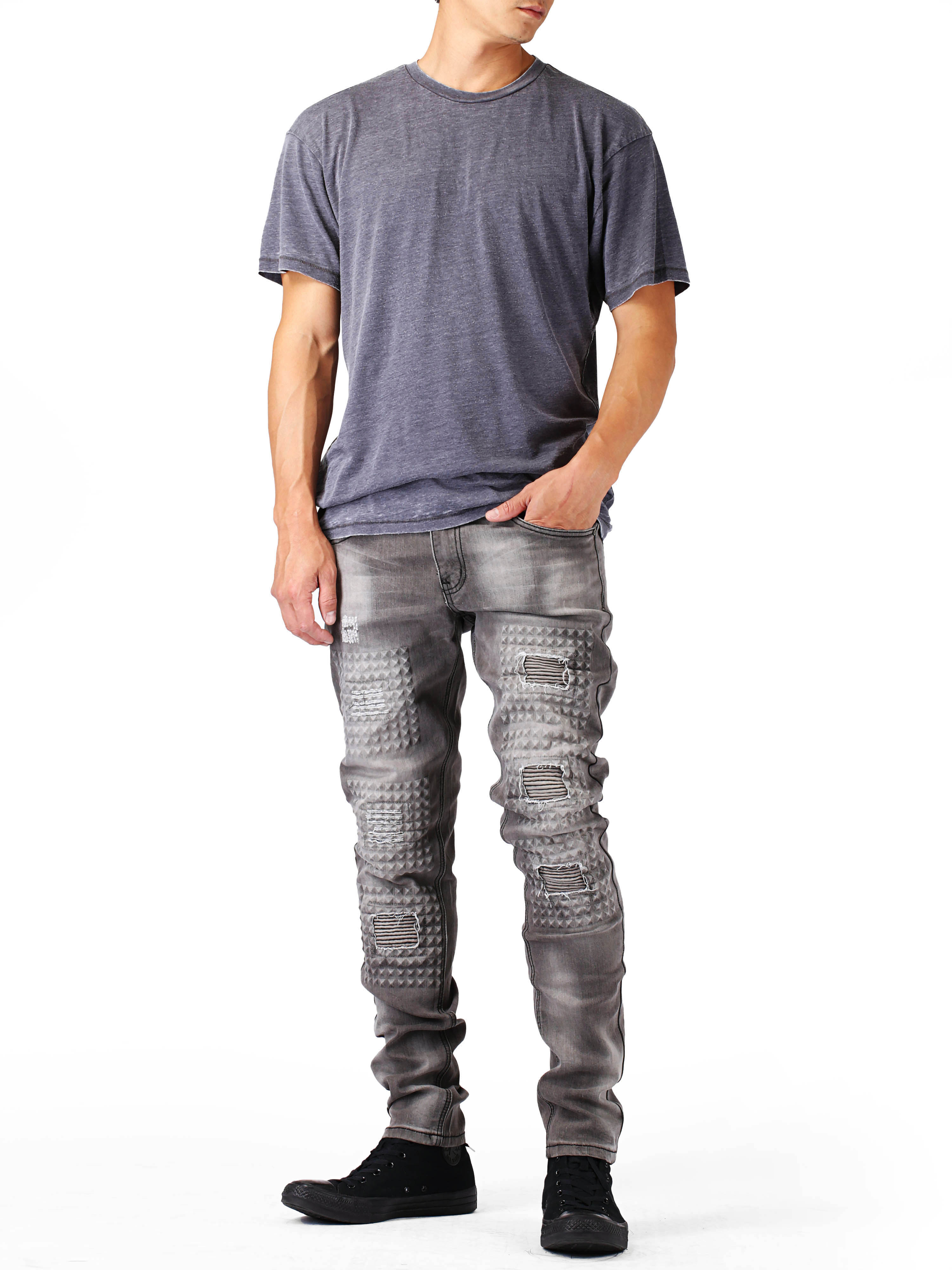 Ma Croix Mens Faded Washed Slim Biker Denim Jeans - image 2 of 6