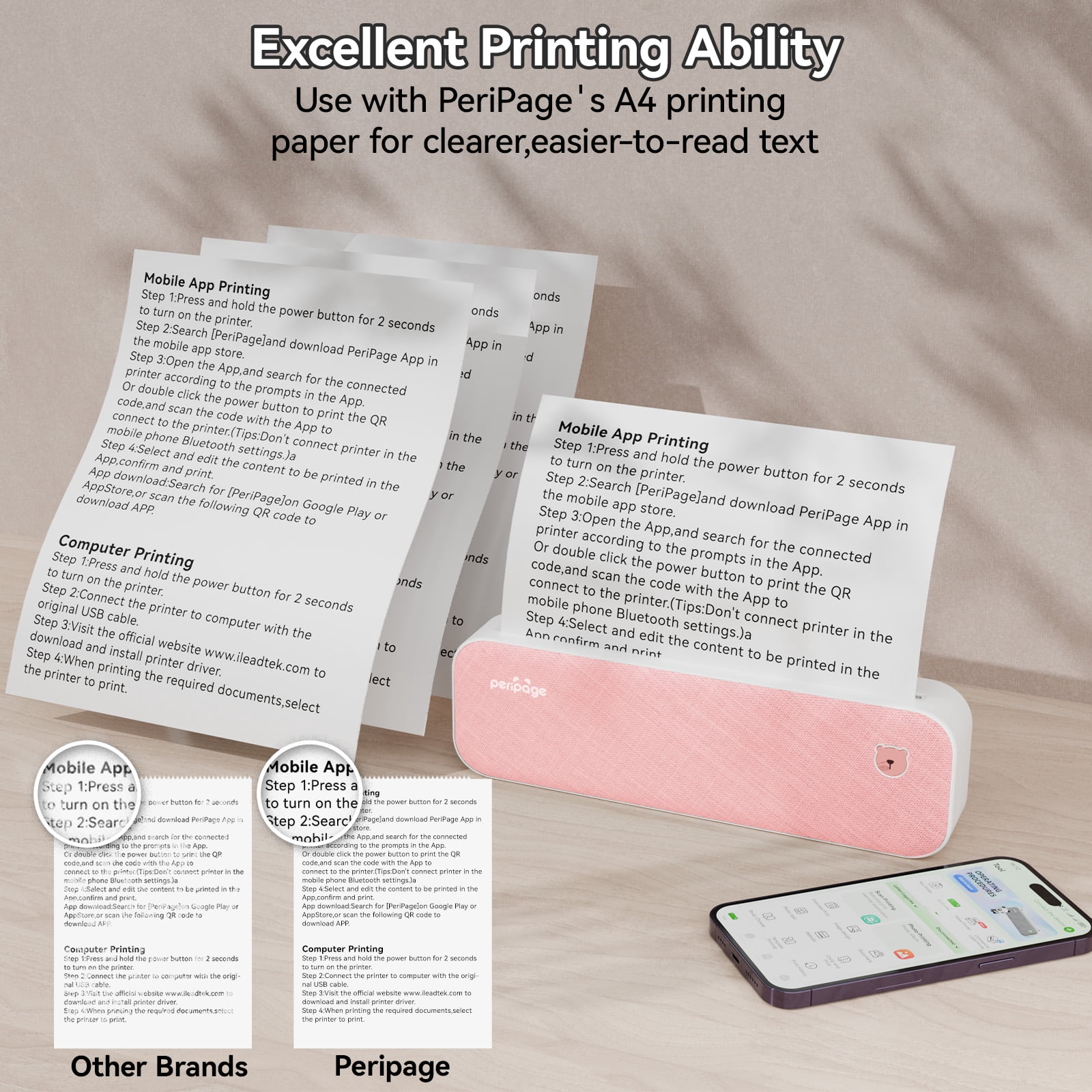 Peripage A40 Thermal, Portable, Wireless, Inkless, Bluetooth, Mobile, Travel Printer, 8.26"x11.69" US Letter, Photo Printers, Pink, New