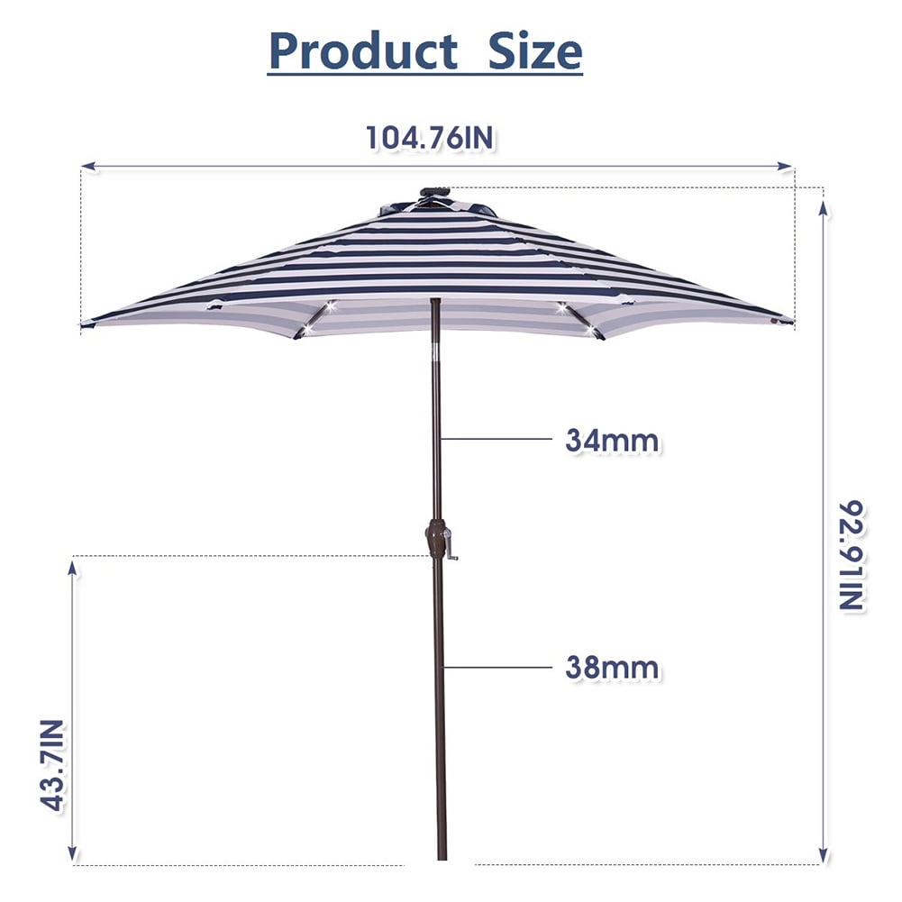 Private Jungle Outdoor Patio 8.7-Feet Market Table Umbrella with Push Button Tilt and Crank,Blue White Stripes With 24 LED Lights[Umbrella Base is not Included]