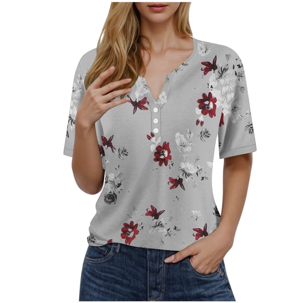Blusas de Manga Corta para las Mujeres Impresas Cuello Redondo Casual Top, Blusa de Algodón de Imitación para el Hogar Y Diario