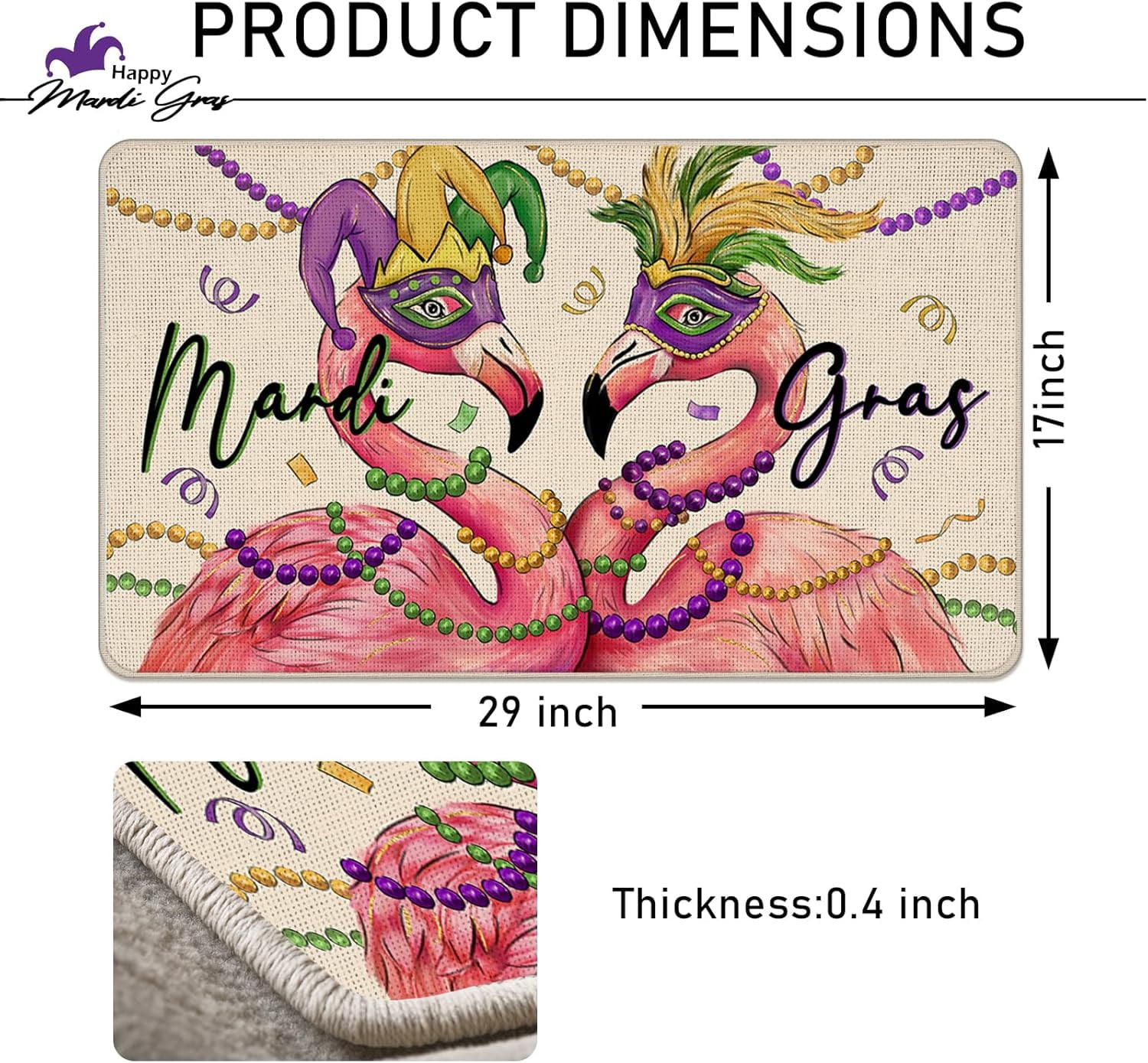 Mardi Gras Flamingo Decorative Front Door Mat, Mask Feather New Orleans Carnival Doormat Indoor Outdoor Non-Slip Floor Entryway Rug, Beads Masquerade Holiday Home Kitchen Decoration 17x30 Inch