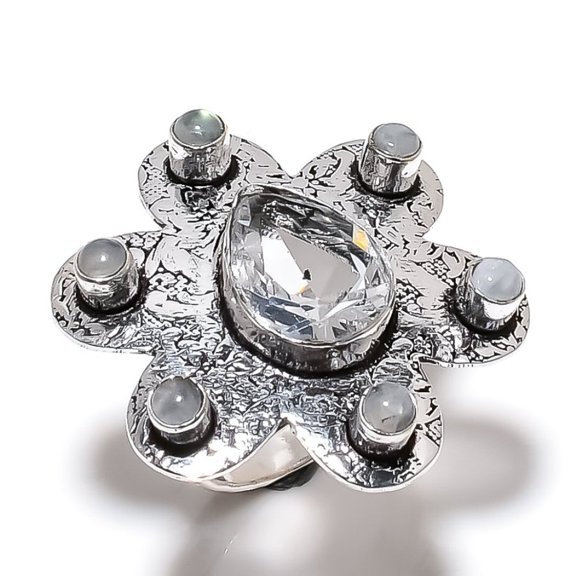 Natural Rainbow Moonstone, Topaz Gemstone 925 Sterling Silver Ring Size 8