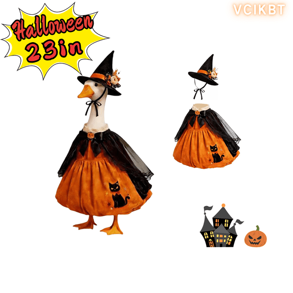 VCIKBT Halloween Witch Pumpkin Goose Outfit for 23-Inch Porch Goose – Outdoor Yard and Garden Decoration Dress with Hat for Patio and Lawn