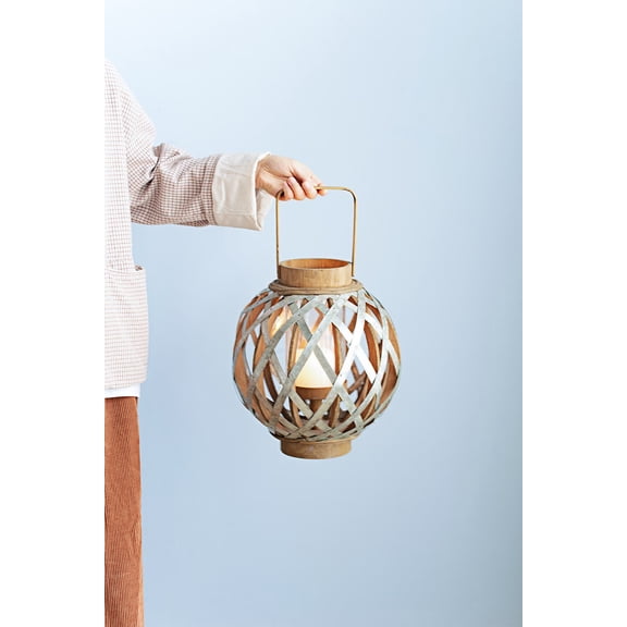 Decorative Wooden Lantern with Handle, Silver Iron Accent Lantern, Indoor Outdoor Decor for Home Garden Wedding Party