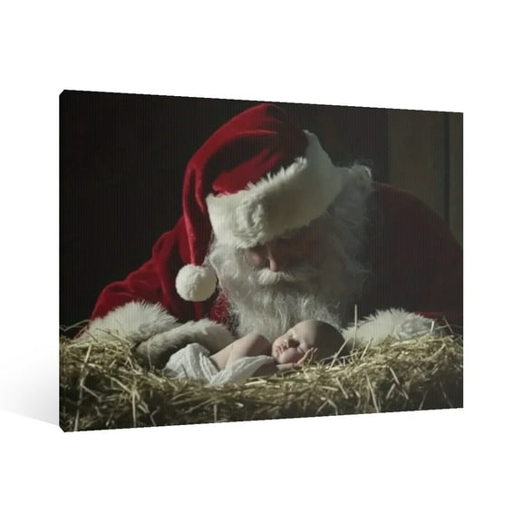 Vintage Christmas Santa Claus and Jesus Nativity Wall Art Paint Framed - Xmas Festive Winter Holiday Christmas Wall Decor Canvas Print for Living Room Kitchen Home Bedroom Decor