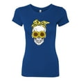 thumbnail image 2 of Skull Sunflower Skeleton Bandana Inspirational/Christian Womens Slim Fit Junior Tee, Royal, Small, 2 of 3