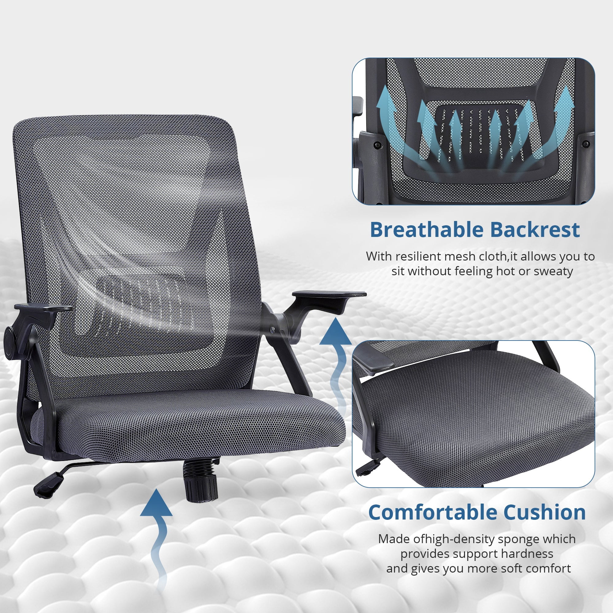 VECELO Mid-Back Swivel Adjustable Ergonomic Office Chair, Mesh Lumbar Support and Adjustable Arms Task Chair for Computer, Grey